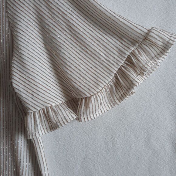 W5 Top Women’s Small Beige Metallic Gold Shimmer Stripes Ruffle Sleeves Festive - Picture 5 of 10